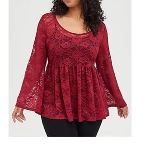 Torrid Burgundy Floral Lace Babydoll top long bell sleeve tunic plus size 0 L